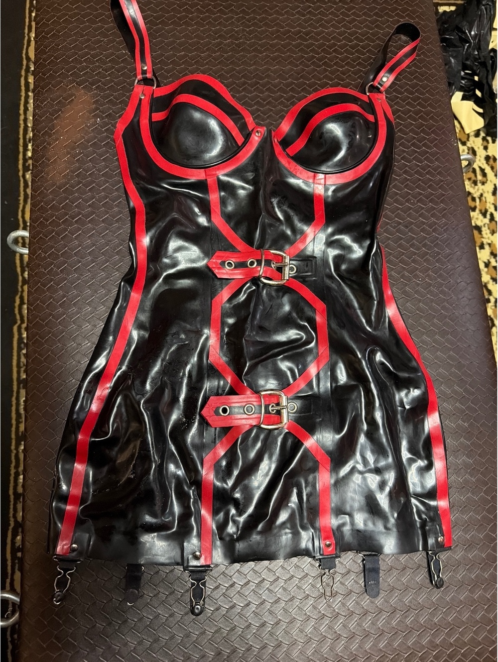 Black and Red Latex Dress w/ Buckle Details and Adjustable Straps